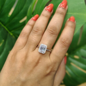 Emerald Shape CZ Solitaire Ring With Silver Finish
