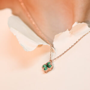 Silver Clover Necklace with Green Stone Pendant