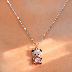 Cute Silver Teddy Bear Necklace with Pink Heart