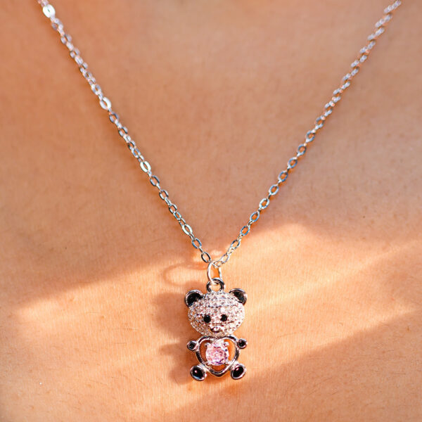 Cute Silver Teddy Bear Necklace with Pink Heart