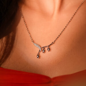 Elegant Silver Lily of the Valley Necklace with Crystal Leaf