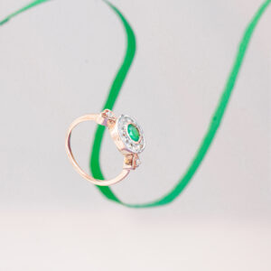 Emerald Halo Silver Ring with Diamond Accents