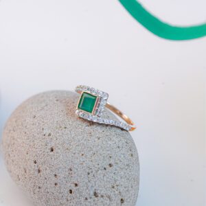 925 Silver Square-Cut Green CZ Ring with Halo Accent